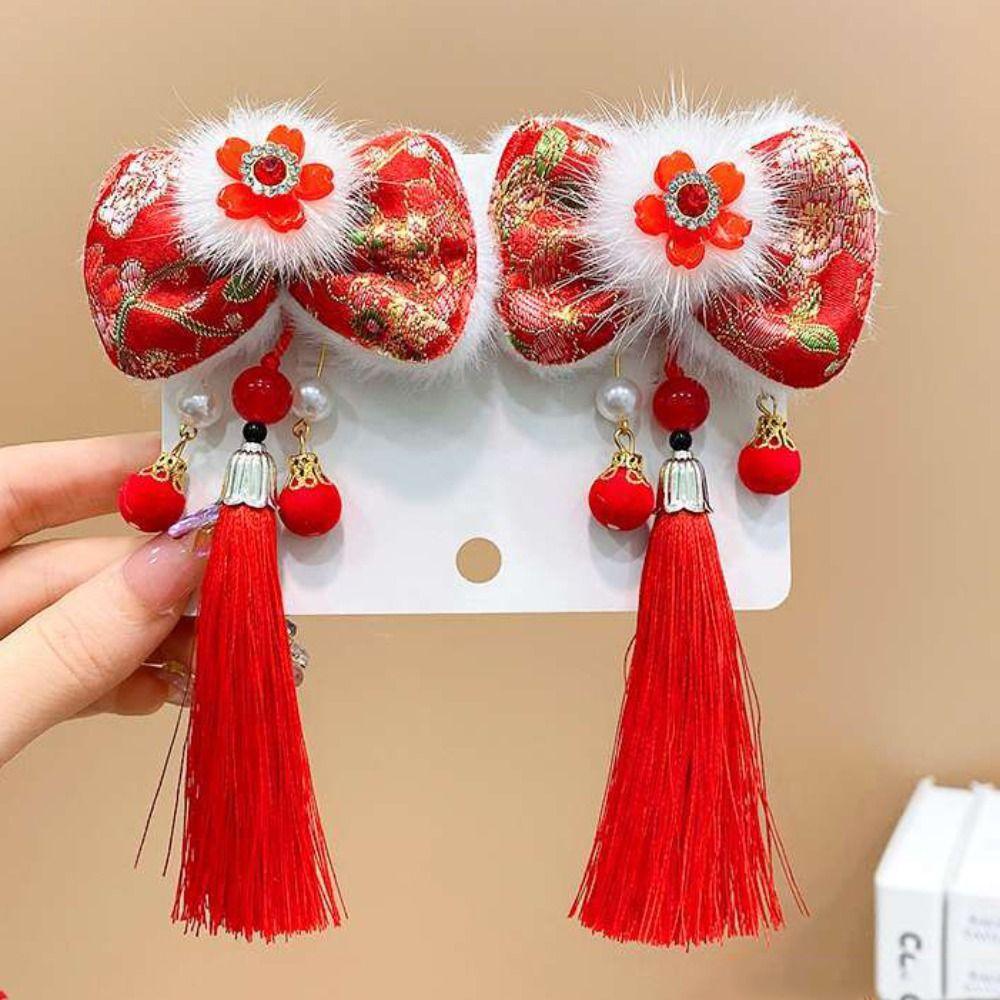 2pcs Tassel Wig Braid Hairpin Hanfu Headdress Red Bow Hairpin Cute Children Hair Clips