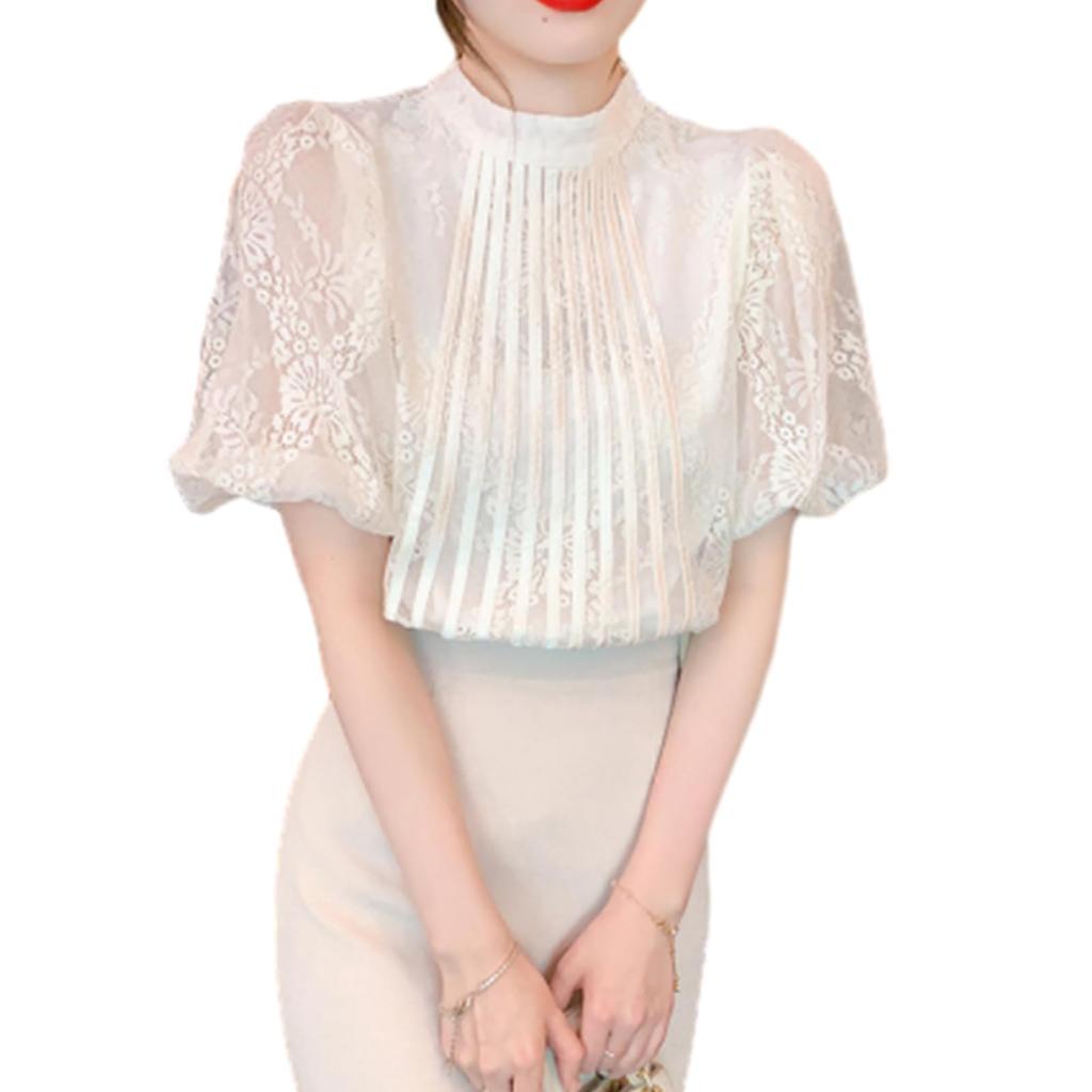 Lace Puff Sleeve Floral Short Body Loose [CCGGOWMM] Women's Blouse, Shirt, T-Shirt, Print, Top, Lined, Sleeve, Stylish, Slimming, Covering, Slimming,