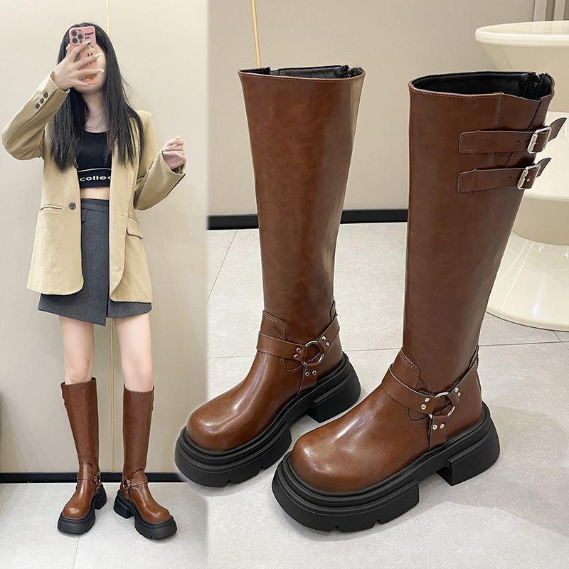 Thick-soled small high boots women's autumn and winter new retro but knee belt buckle women's Martin boots