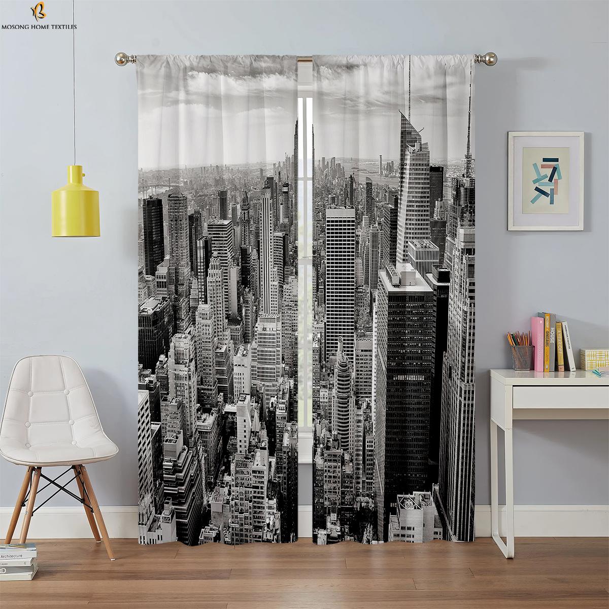 

Черные шелковые плотные шторы с изображением ночного города и пейзажа, 3D-печатные шторы для кабинета, гостиной, спальни, декоративные шторы, 2 шт. W50xH130(CM)x2PCS&Rod pocket