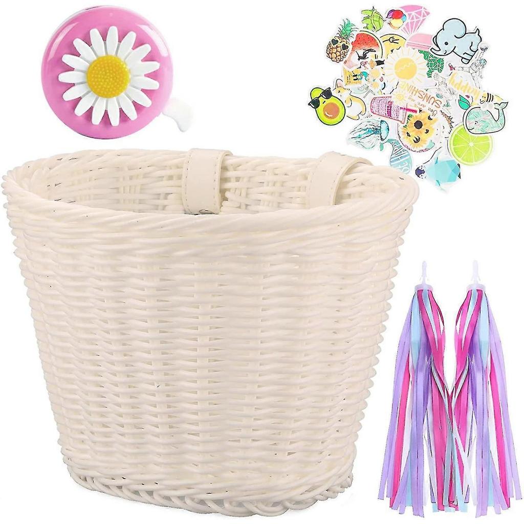 Bike Basket For Kids Front Bike Accessories Woven Wicker Bicycle Basket With Handlebar Streamers