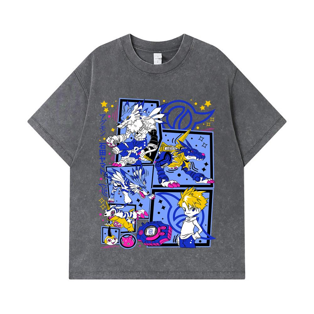 275 GSM Washed T-shirts 100% Cotton Digimon V2 Garurumon Print Unisex Heavy Cotton T Shirt