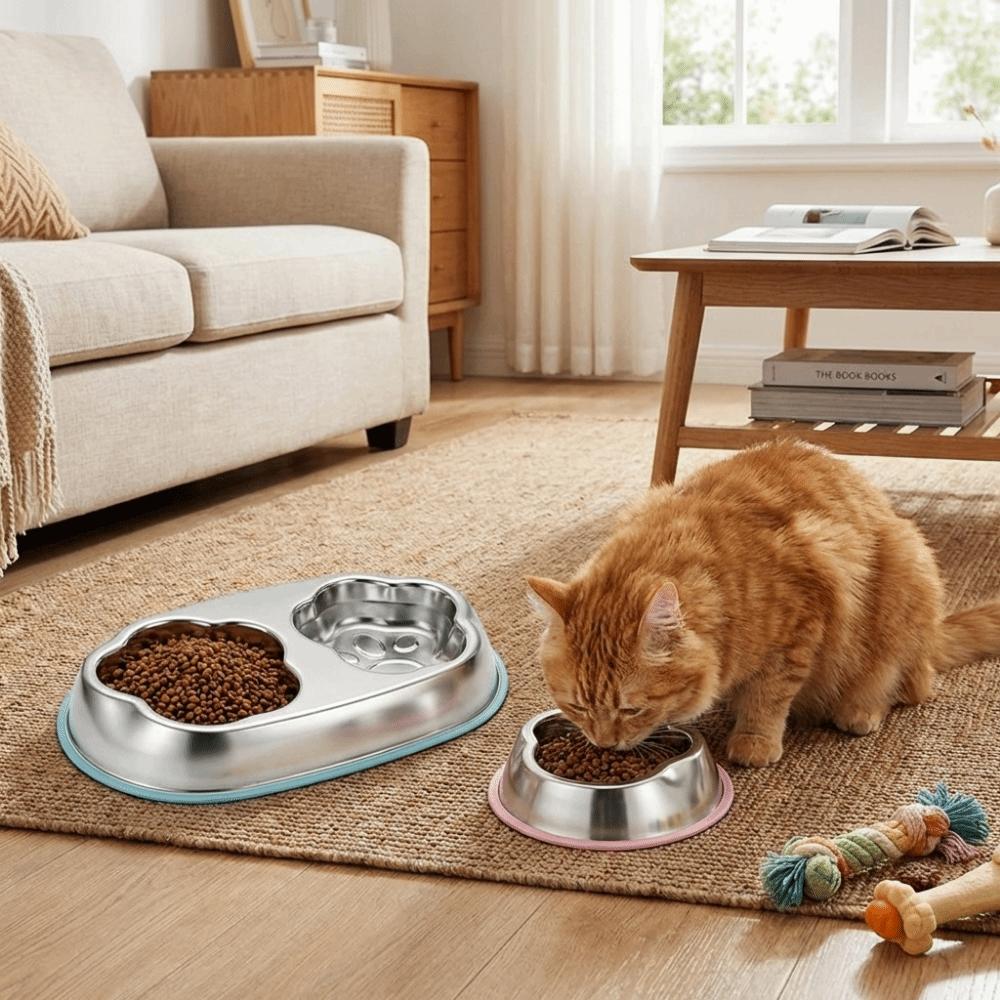 Single/Double Bowl Stainless Steel Cat Bowl Non Slip Pet Drinking Bowl For Dogs Cats