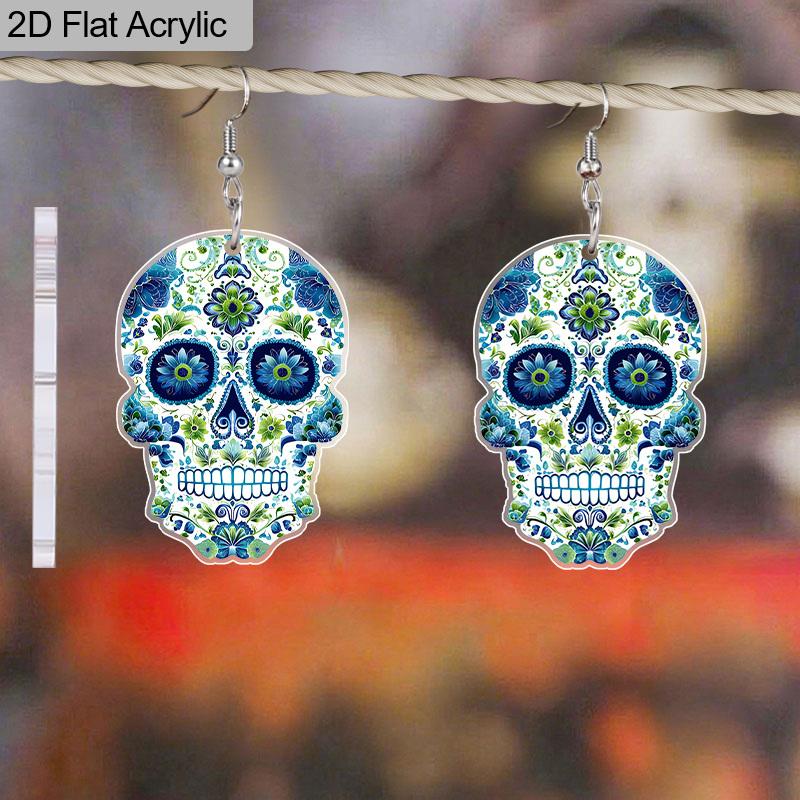 2D Flat Cute Halloween Sugar Skull Earrings Dangle Acrylic Day of the Dead Decor Gifts for Women Festival Charms