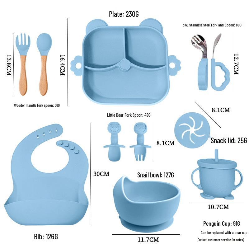 11-Piece Children's Silicone Bear Feeding Set: Food-Grade Bib, Bowl, Straw Cup & Tableware