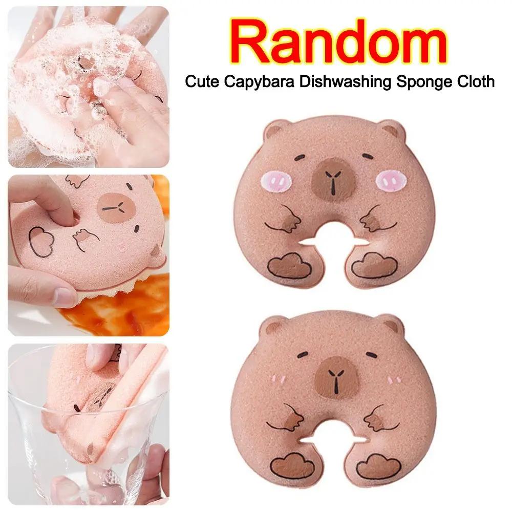 New Cartoon Capybara Cleaning Sponge Reusable with Suction Cup Rack Cleaning Brush Dishwashing Brush Clean Tool