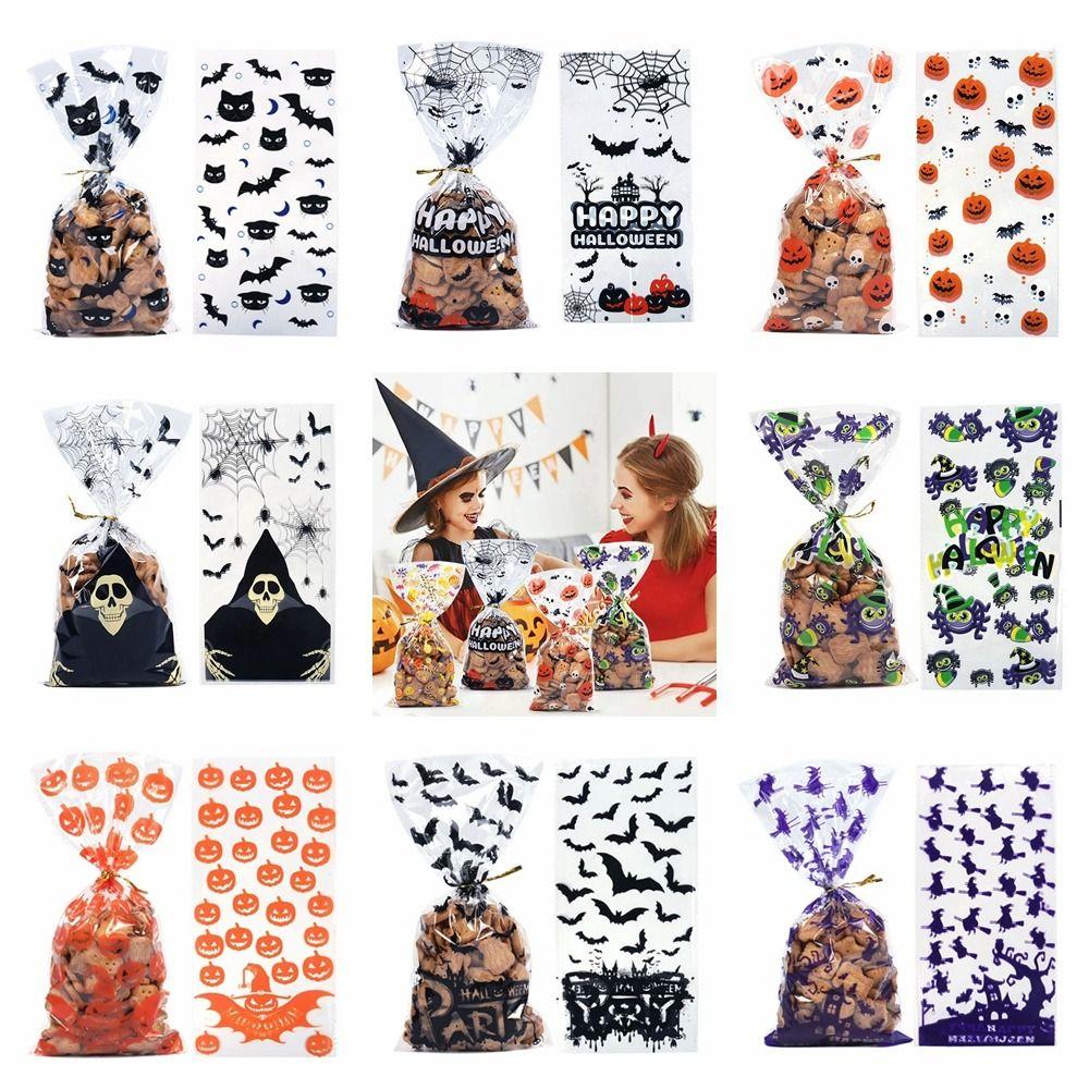 50pcs/pack Bat Pattern Dessert Packaging Bag With Ties Gift Bags Halloween Candy Bags  Home