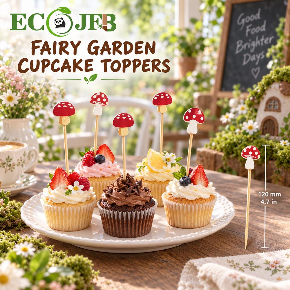 ECO JFB 120mm Mushroom Bamboo Party Picks for Fruit Cheese Woodland Events Custom Shape Bulk B2B Supply Pack