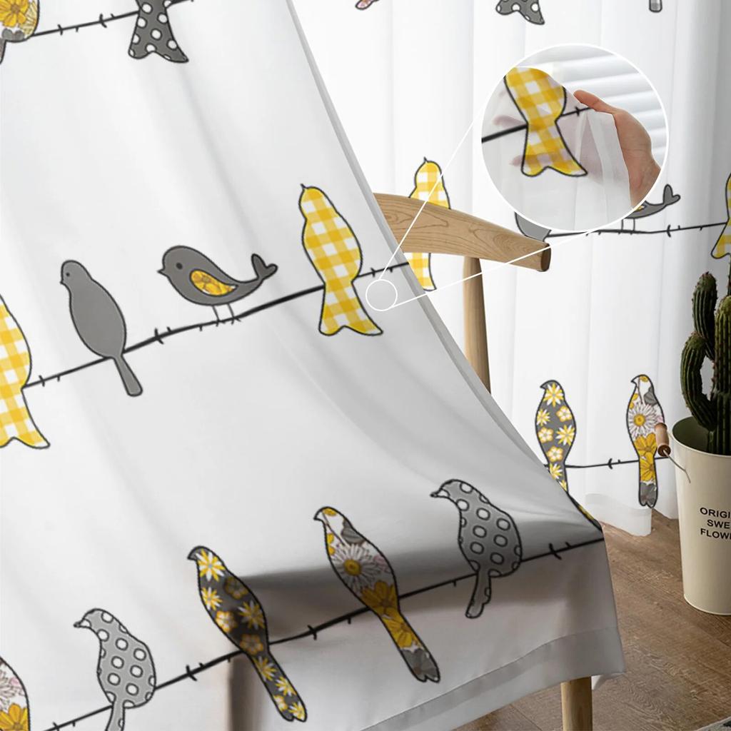 Bird Plaid Flower Yellow Orange Sheer Curtains For Living Room Bedroom Home Decor Kitchen Tulle For Windows Voile Drapes