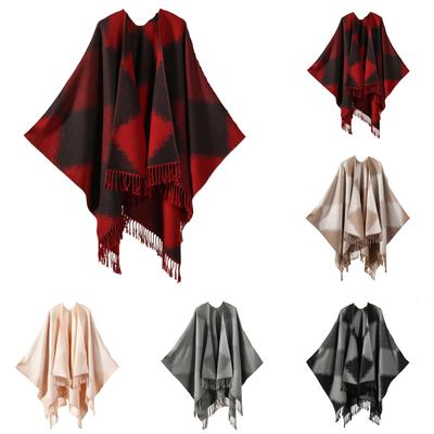 Xale Feminino da Moda Monocromático com Franjas e Fenda, Cachecol Tricotado Quente de Caxemira Imitada Tridimensional Ondulado de Dupla Face, Cardigã Capa