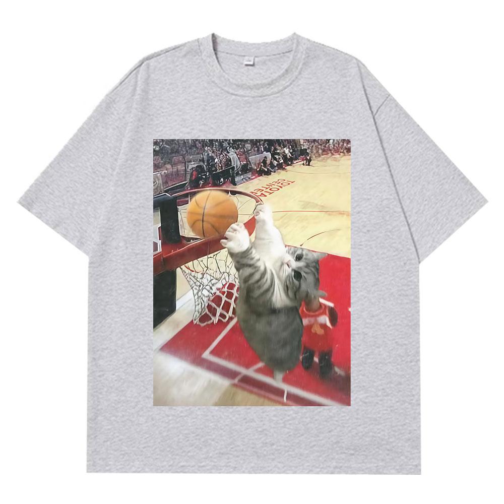 Vintage Funny Cat Dunking Basketball Meme T Shirt Men Women Casual Tshirt Summer Loose Cotton Highquality Oversized Tshirts