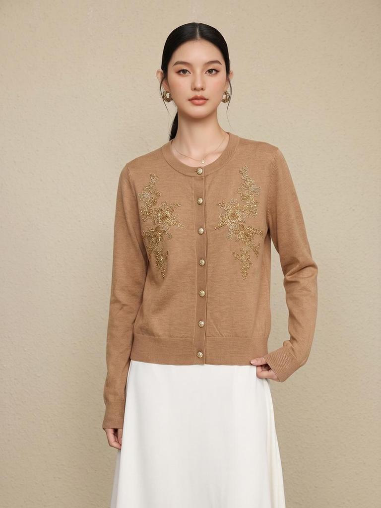 Autumn 2026 Women's Hand-Embroidered Beaded Wool Cardigan Sweater