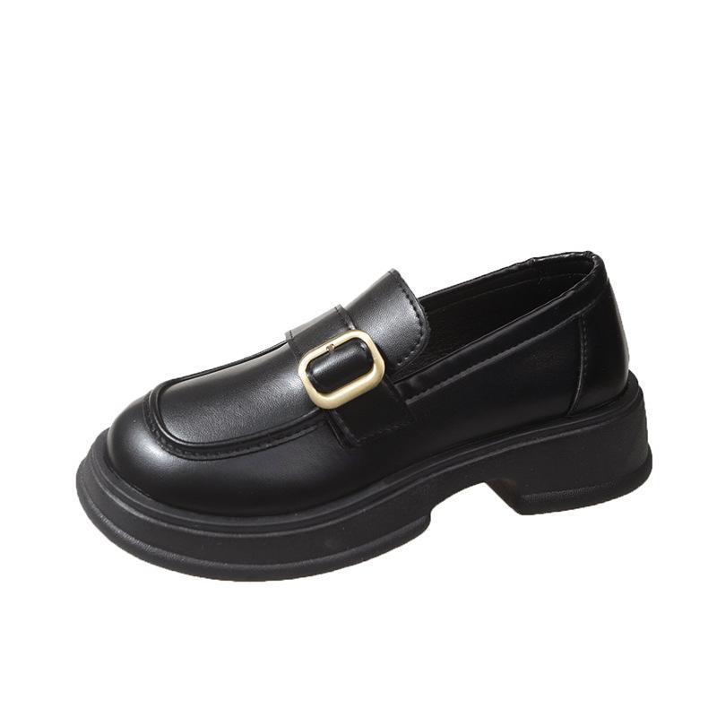 Black small leather shoes women's new thick heel thick sole non-slip belt buckle retro casual shoes