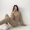 Solid Women Color Sleeve Long V Neck Hoodies Suit Autumn Winter Loose Top Wide Leg Pants