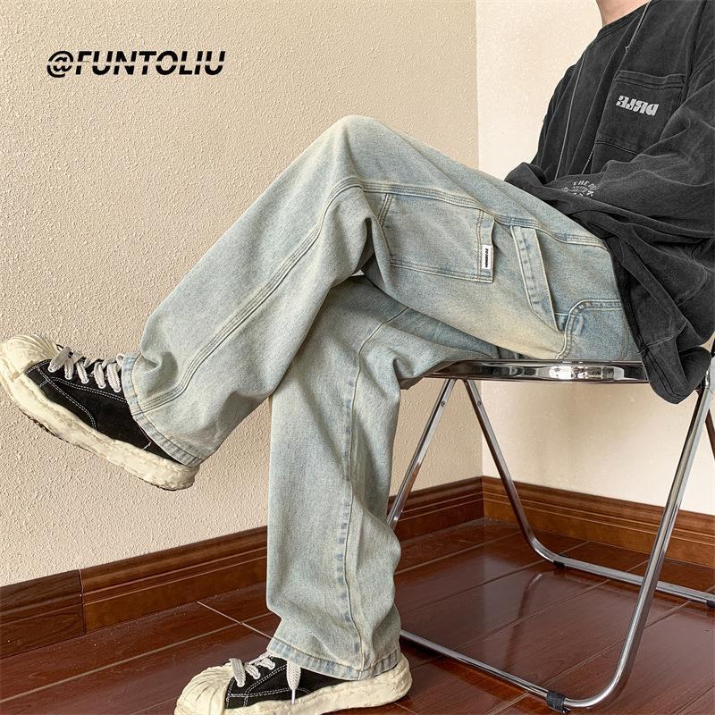 Calça jeans masculina estilo American Retro Brown Wide Leg: Macacões versáteis, folgados e de outono para as ruas da cidade