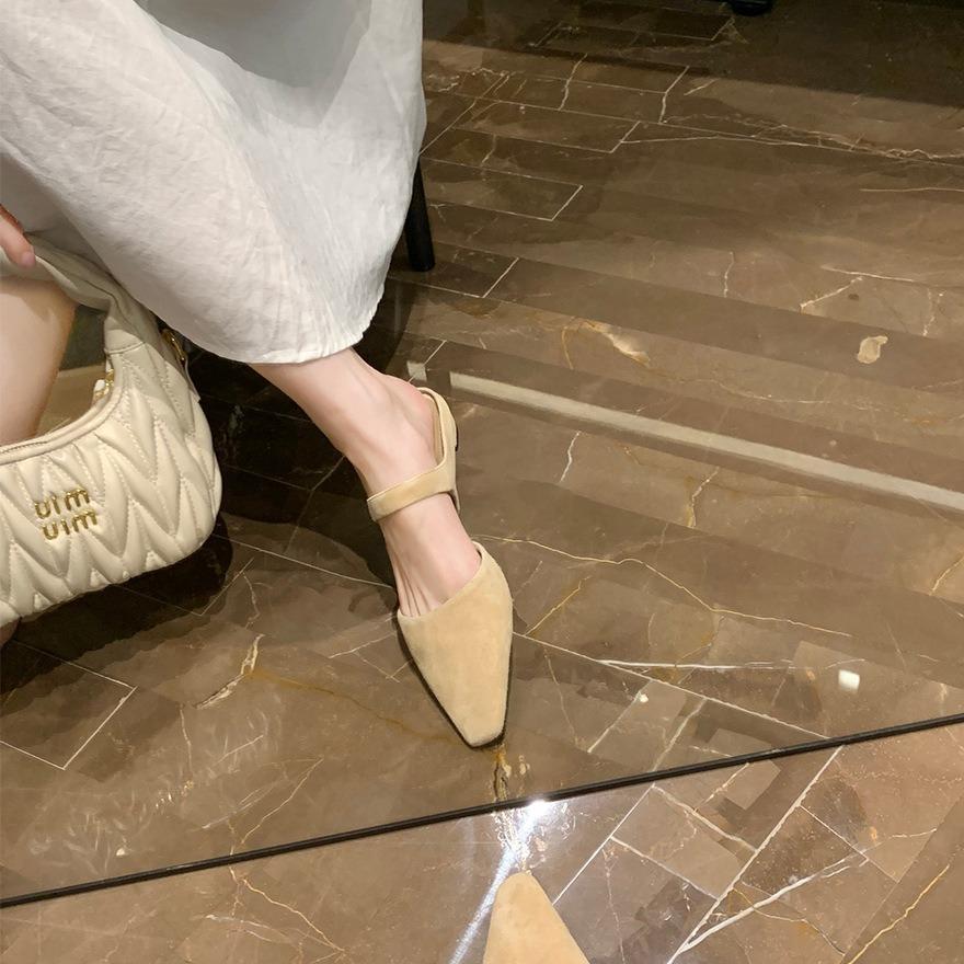 Cowhide Version~ French One-word Belt Leather Muller Half Slippers Women's Summer Outer Wear Bag Head Flat Bottom Cool Slippers Half Tray