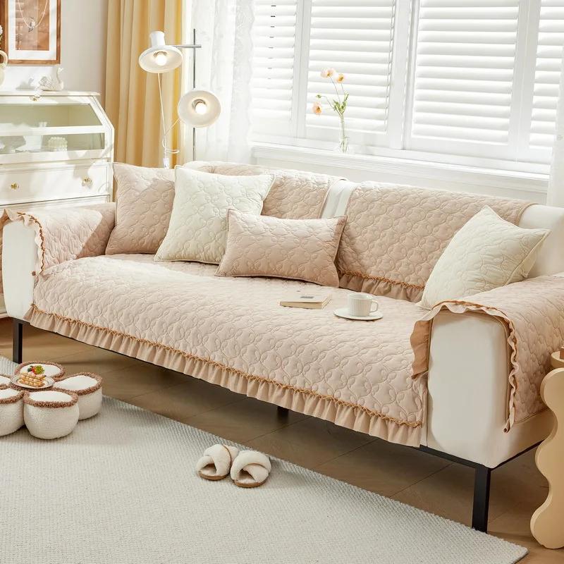 French Wooden Ear Edge Sofa Cover Pure Color Four Seasons Universal Sofa Cover Anti-slip Living Room Cream Wind Couch Cushion