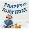 Astronaut Space Ship Happy Birthday Banner,Outer Space Happy Birthday Bunting Boys Birthday Party Banner Decoration Blue