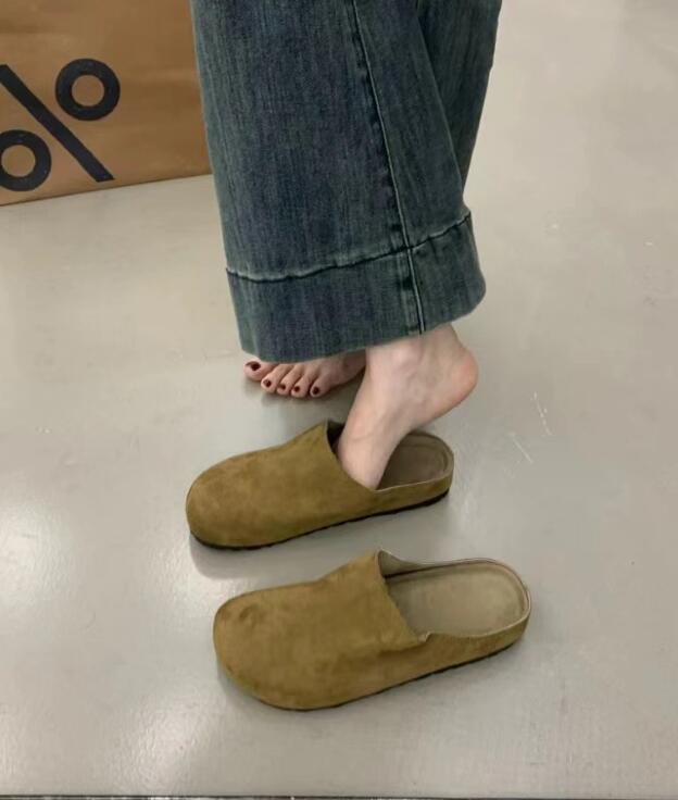 

Женские тапочки с закрытым носком, с круглым носком, замшевые сабо, сандалии, новинка осени, ретро, однотонные, на плоской подошве, женские мюли 36