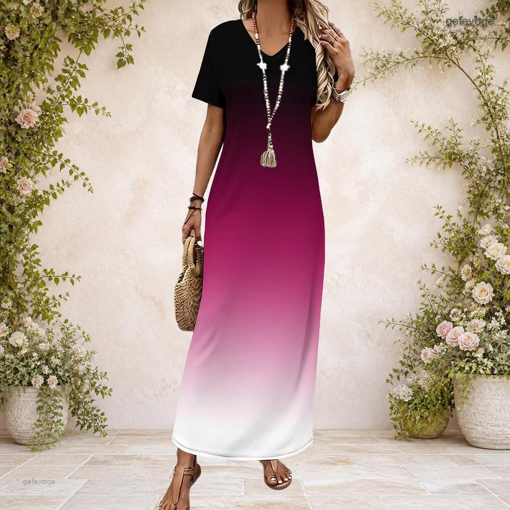 Women Plus Size V Neck Short Sleeve Colorful Floral Printed Straight Long Dress