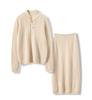 Women's Cashmere Knitted Suit with Chinese Stand Collar and Hollow Skirt, Perfect for Autumn/Winter.