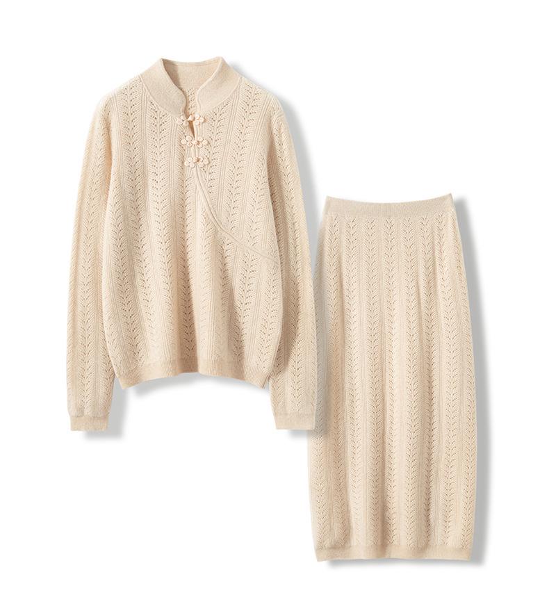 Women's Cashmere Knitted Suit with Chinese Stand Collar and Hollow Skirt, Perfect for Autumn/Winter.