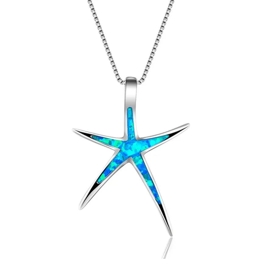 Boho Cute Sea Animal Starfish Pendant Necklace For Women Inlay Imitation Blue Opal Necklace Wedding Party Jewelry Gifts