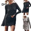Women Dress Shiny Sequin Hollow Out Back Long Sleeve Loose Soft Round Neck Split Cuff Sheath Individual Streetwear Club Party Dance Mini Dress