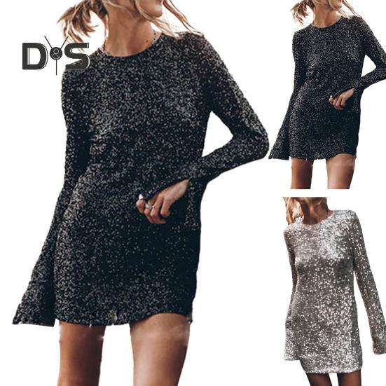 Women Dress Shiny Sequin Hollow Out Back Long Sleeve Loose Soft Round Neck Split Cuff Sheath Individual Streetwear Club Party Dance Mini Dress