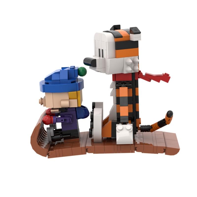 MOC Calvined and Hobbes Model Building Blocks Sleigh Tiger Cartoon Activity Figure Assembled Brick Toy Children's Birthday Gift