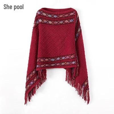 Women's Ethnic Tassel Loose Knit Poncho