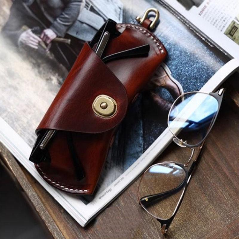 Unisex Retro Hanging Pu Leather Glasses Bag Portable Lanyard Hanging Sunglasses Case Simple Handmade Glasses Storage Box
