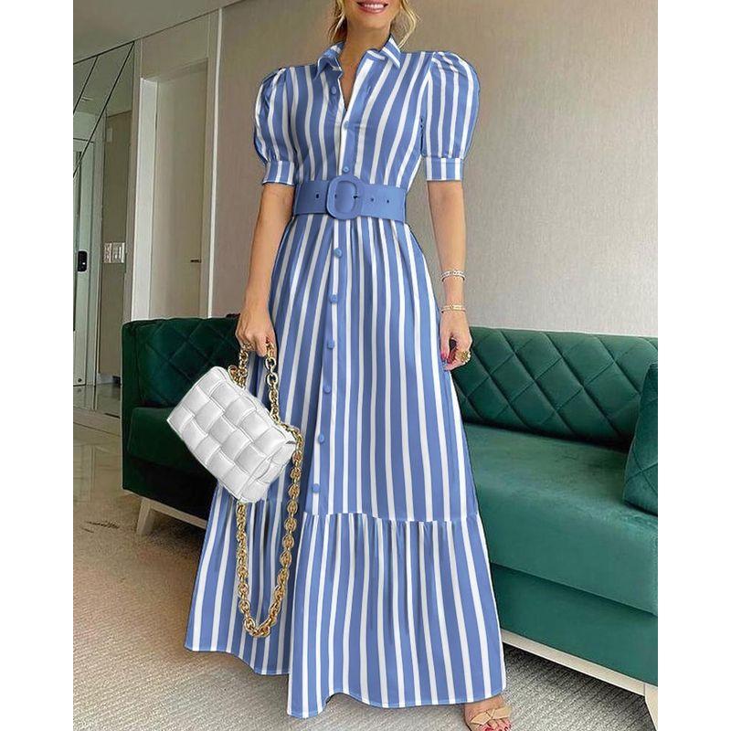 Cross-Border Stripe European and American Elegant Long Bubble Short sleeve Patchwork Fishtail Big Hemline Jumpsuit Long dress With Belt Dress