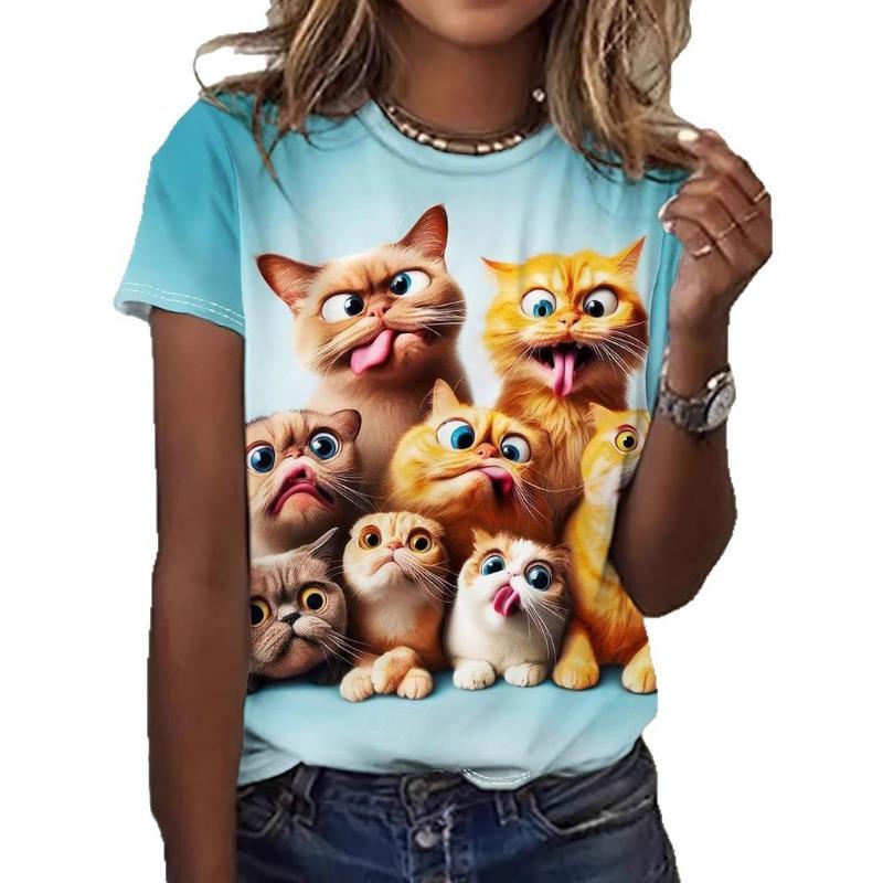 Summer Female Commuting Cat Dog Print Round Neck Short Sleeved Shirt
