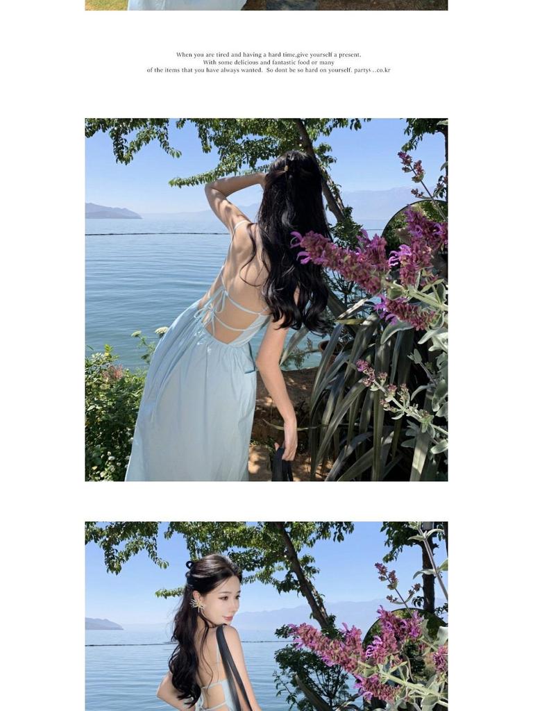 Elegant French-Style Sexy Backless Blue Spaghetti Strap A-line Beach Dress for Women