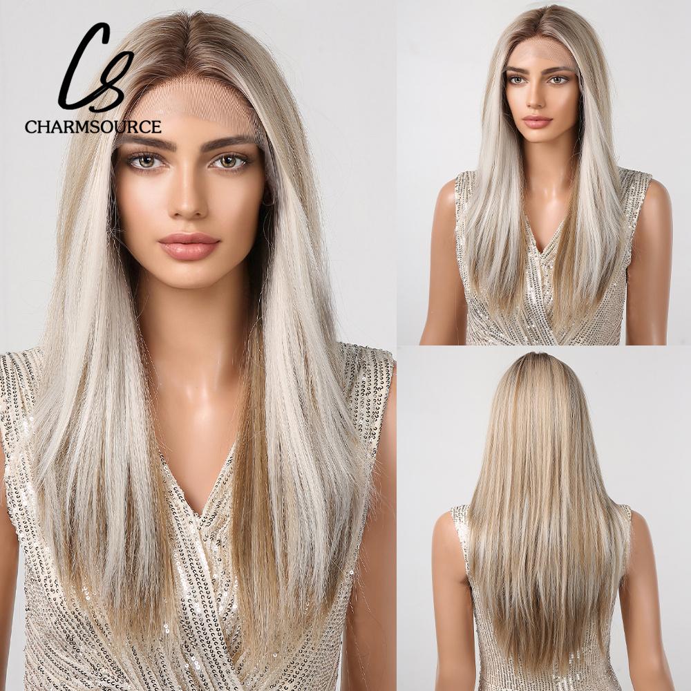 ALAN EATON Lace Wig Orange Brown Long Straight Wigs Synthetic Wigs for Women Hair Party Daily High Density Heat Resistant Fiber