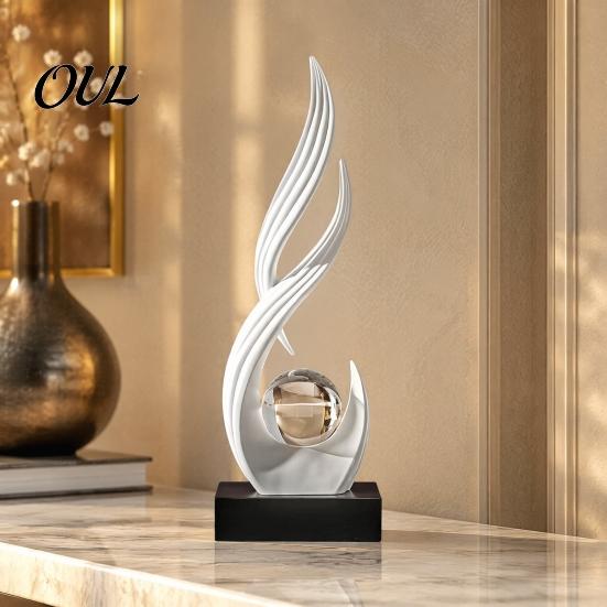 Wealth Accumulation Decoration Abstract Decorative Sculpture with Clear Crystal Ball, Modern Flowing Curve Tabletop Decor Statue Feng Shui Ornament