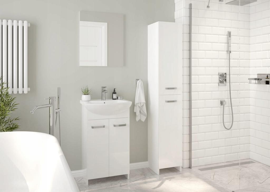 Bathroom cabinet with a washbasin on legs 85x60, standing white Mila with an elongated chrome tap