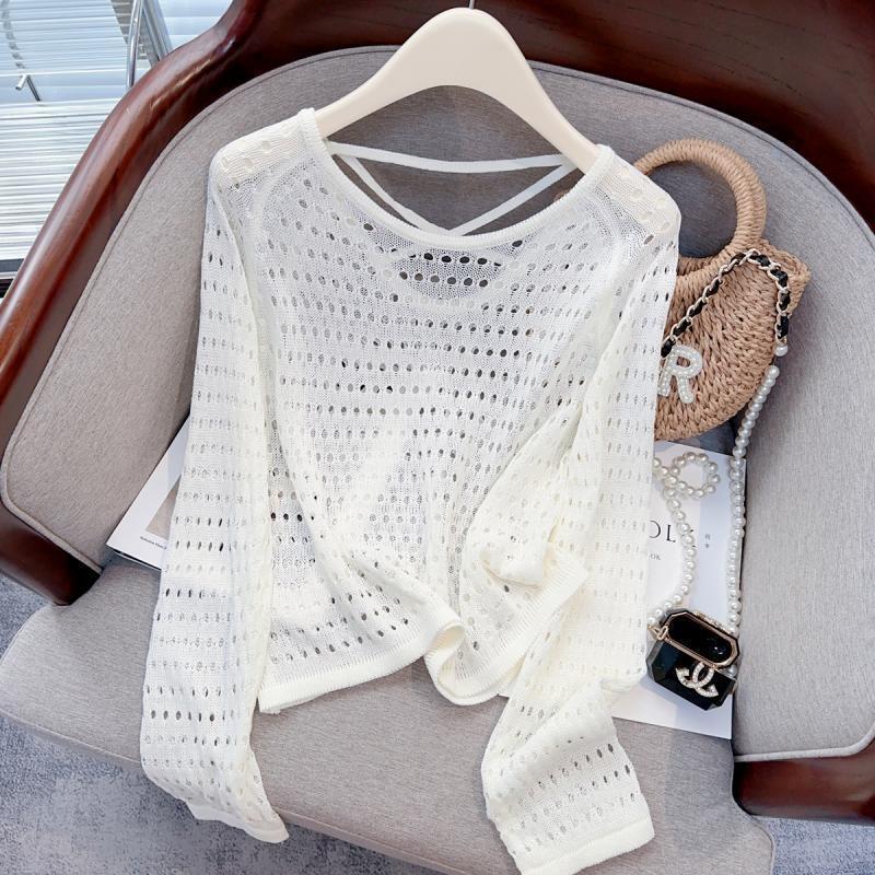 

Вязаный свитер с открытой спиной, круглым вырезом, сетчатым ажуром, тонкий, с длинными рукавами, женский, весенне-летний, простой и тонкий топ с защитой от солнца Average size 53-181 белый