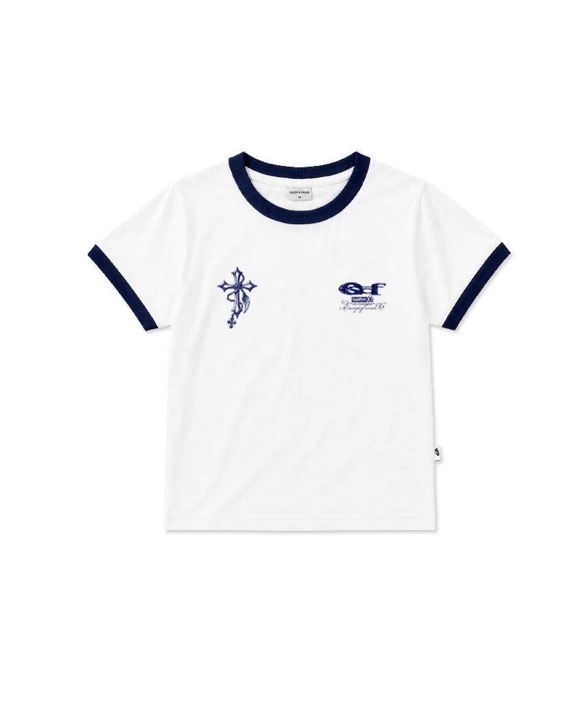 ESCAPEFROM Chain Cross Print Ringer Short Sleeve T-Shirt Navy
