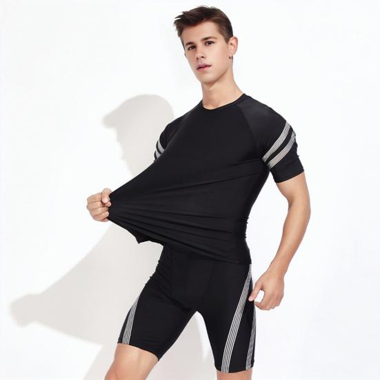 Herren Badeshorts Wassersport Oberteil O-Ausschnitt Kurzarm Slim Fit Elastisch Atmungsaktiv Schnelltrocknend Gestreift Knielange Hose Surfen Waten Sport
