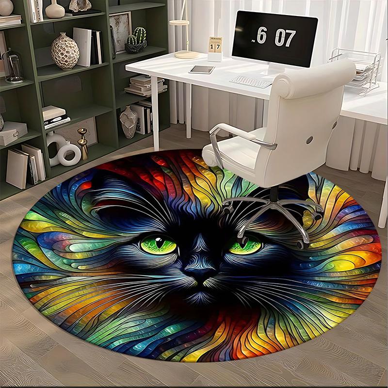 1pc Colorful Cat Face Round Carpet Anime Design Chair Mat, Non Slip Rug for Office & Home Decor