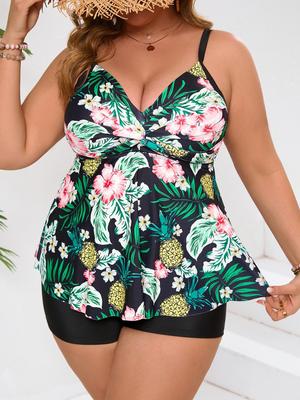 2026 Plus Size Digital Print High Waist Tankini Swimsuit for Women