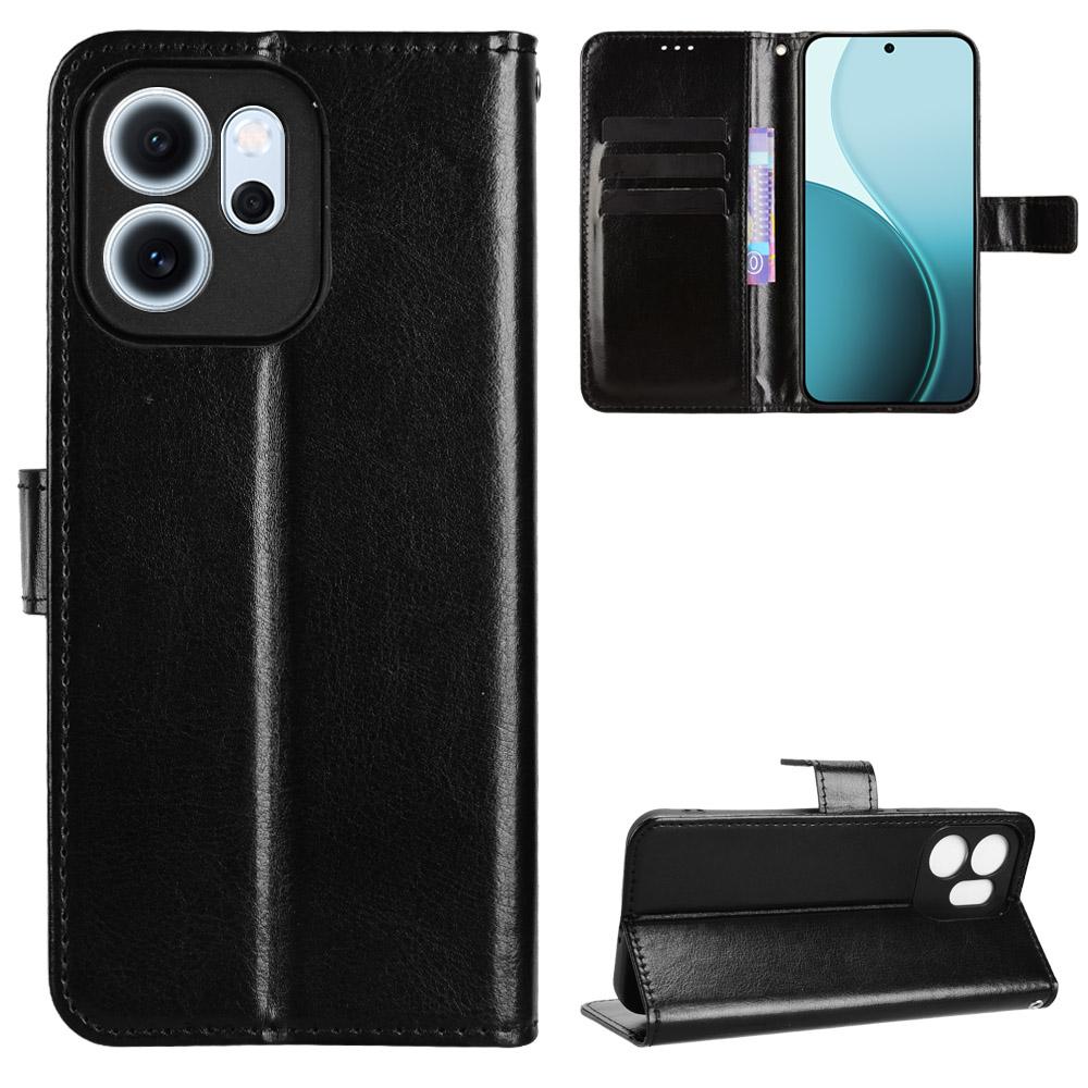

For Oppo Reno 14F 5G PU Leather Case with Strap Crazy Horse Texture Phone Wallet Cover Black