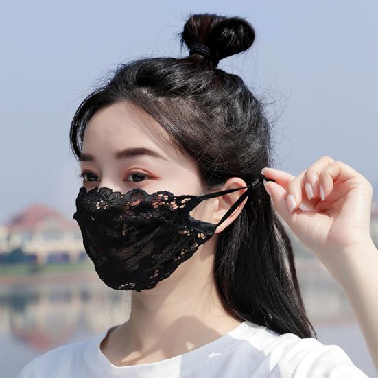 Black Floral Lace Face Guard Adjustable Ear Rope Breathable Single Double Layer Outdoor Cycling Running Summer Women Face Shield Protector