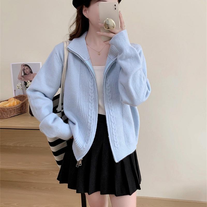 Double Zipper Twist Lapel Sweater Jacket Women's Autumn and Winter New Loose Simple Lazy Wind Knitted Cardigan