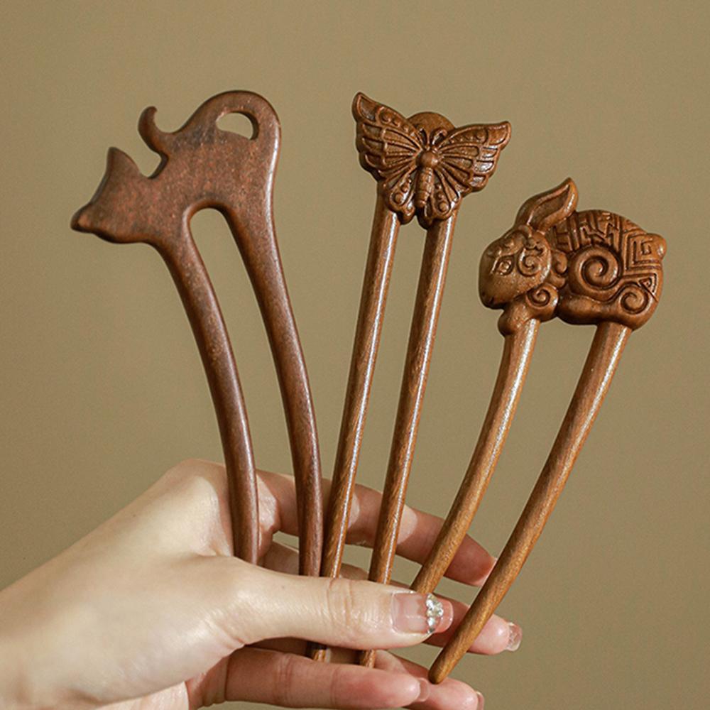Wood Wooden Hair Stick U-Shaped Hair Fork Cat Butterfly Chinese Style Fashion Hairpin Buns Rabbit Headwear Girl Hair Accessories