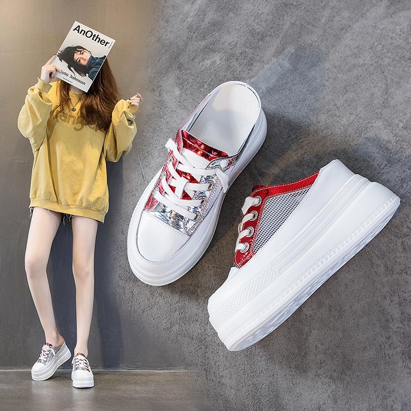 Casual Women's Shoes Summer New Half Slippers Bag Head Outer Wear Heightening Sandals Mesh Yarn Breathable Thick-soled Muffin Shoes Trendy