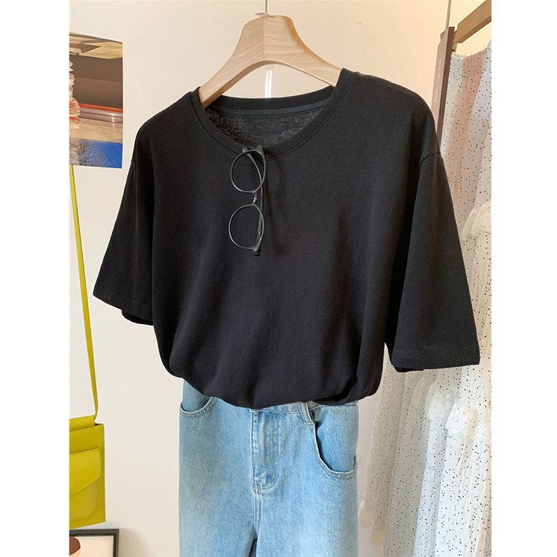 

Fat Sister 100.00kg Plus size All-Match Popular Solid Lightweight Cool Feeling Snowflake Cotton Short sleeve T-shirt Women Summer Slimming Top Black 3XL