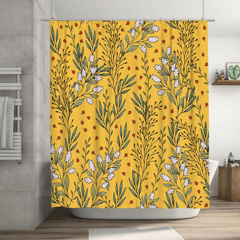 Floral Shower Curtain Decorative Bath Mat Pvc Waterproof Bathroom Decor Wall Hanging Printed Water Splatter Resistant Yellow Wit